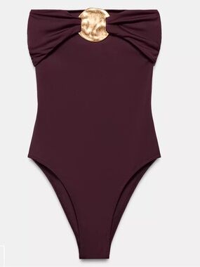 Zara Strapless One-Piece Swimsuit in Burgundy with Gold Detail